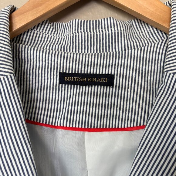British Khaki Navy Blue and White Striped 100% Cotton Seersucker Blazer Preppy - Picture 3 of 9